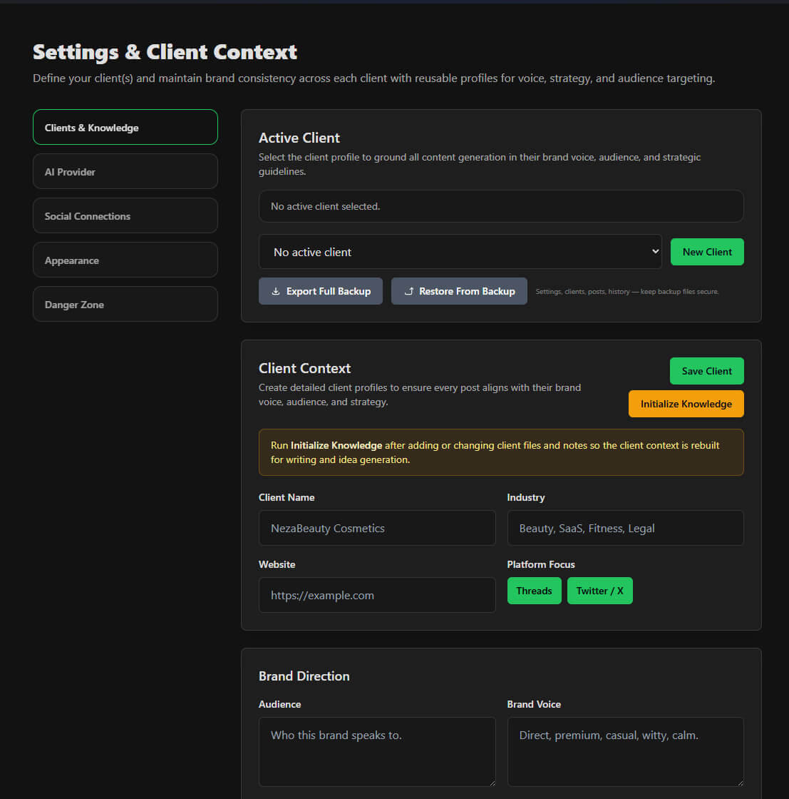 Client context and local-first settings
